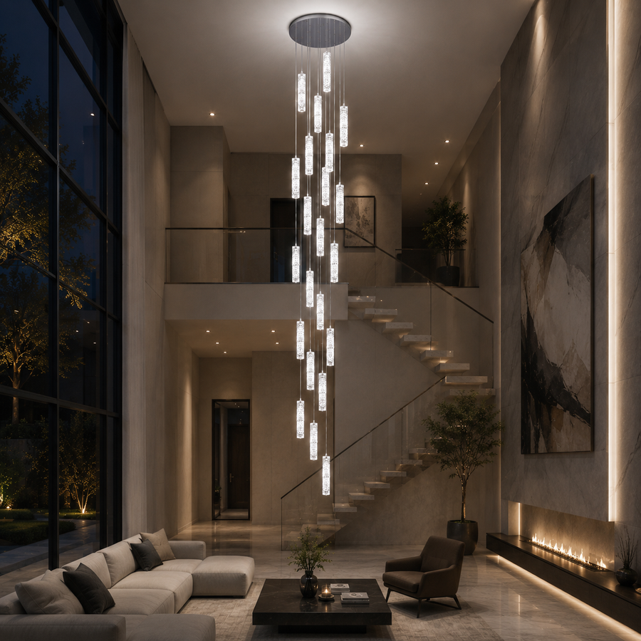 LED Crystal Chandelier AMIRI 82W Chrome, Warm/Neutral/Cold Light 3000K/4000K/6000K Amiri, Diameter 40cm x Height 300cm, Crystal and Metal