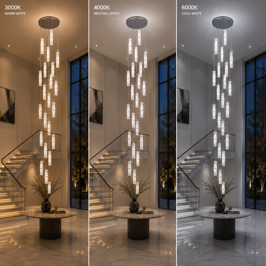 LED Crystal Chandelier AMIRI 82W Chrome, Warm/Neutral/Cold Light 3000K/4000K/6000K Amiri, Diameter 40cm x Height 300cm, Crystal and Metal