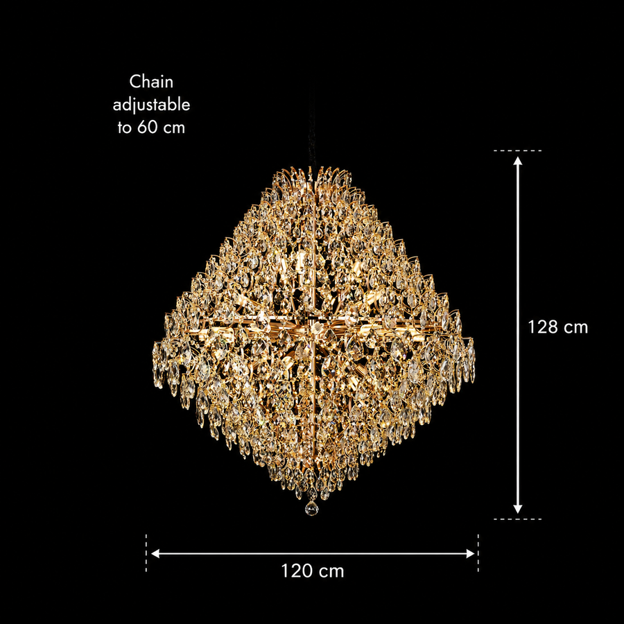 KONIG Grande Crystal Chandelier, 32xE14, D120 cm, Gold, Adjustable Height, Metal and Crystal