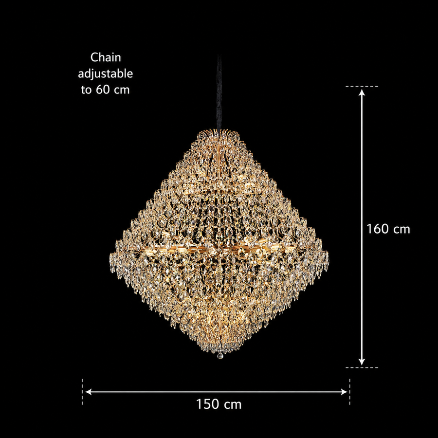 KONIG Grande Supremo Crystal Chandelier, 54xE14, D150 cm, Gold, Adjustable Height, Metal and Crystal
