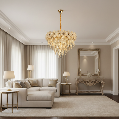 Crystal Chandelier FLEUR Magno 12xE14, Diameter 60cm, Height 45cm, Shiny Gold, Adjustable Height, Elegant Design