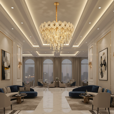 Candelabru Cristal FLEUR Magno 12xE14, Diametru 60cm, Inaltime 45cm, Auriu Lucios, Inaltime Reglabila, Design Elegant
