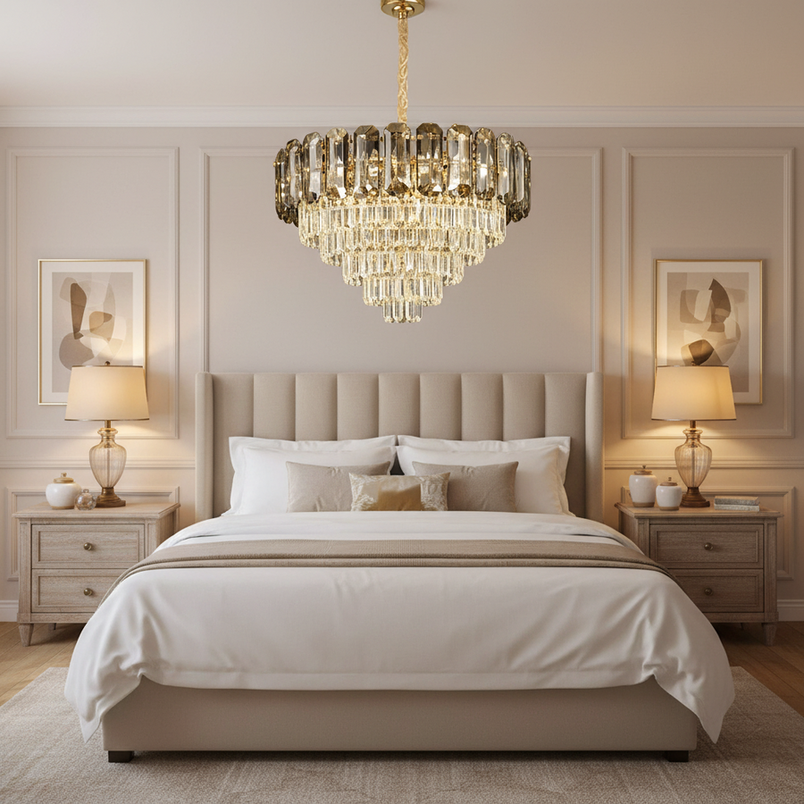 Candelabru Cristal AURUM Nobile 9xE14, Diametru 40cm, Inaltime 30cm, Auriu Lucios, Inaltime Reglabila, Design Elegant