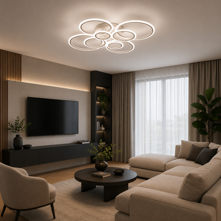 LED chandelier with remote control BETTY 127W, 8 Circles, Cold/Warm/Neutral light, Dimmable, White