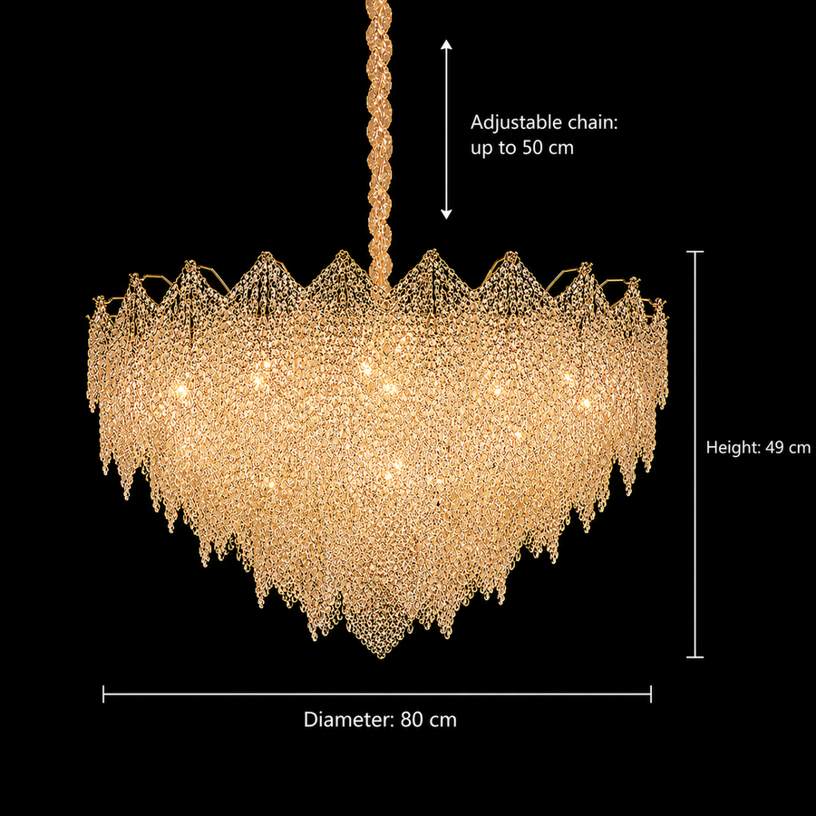 Candelabru Cristal LACE Regalis 21xE14, Diametru 80cm, Inaltime 49cm, Auriu Lucios, Inaltime Reglabila, Design Elegant
