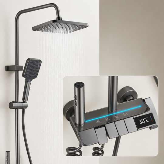 MELLON shower column, Metal, Square Para, Rain Effect, 3 Functions, Wall Mounted, Black, Accessories Included