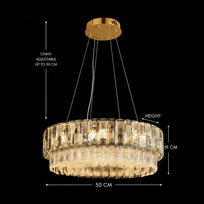 Candelabru Cristal ELYSIAN Eleganza 7xE14, D50 cm, Auriu, Inaltime Reglabila, Metal si Cristal
