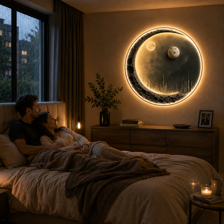Tablou Sticla cu iluminare LED Luna de Argint, Diametru 80 cm, 24W, Lumina Neutra, Aliaj de Aluminiu si MDF