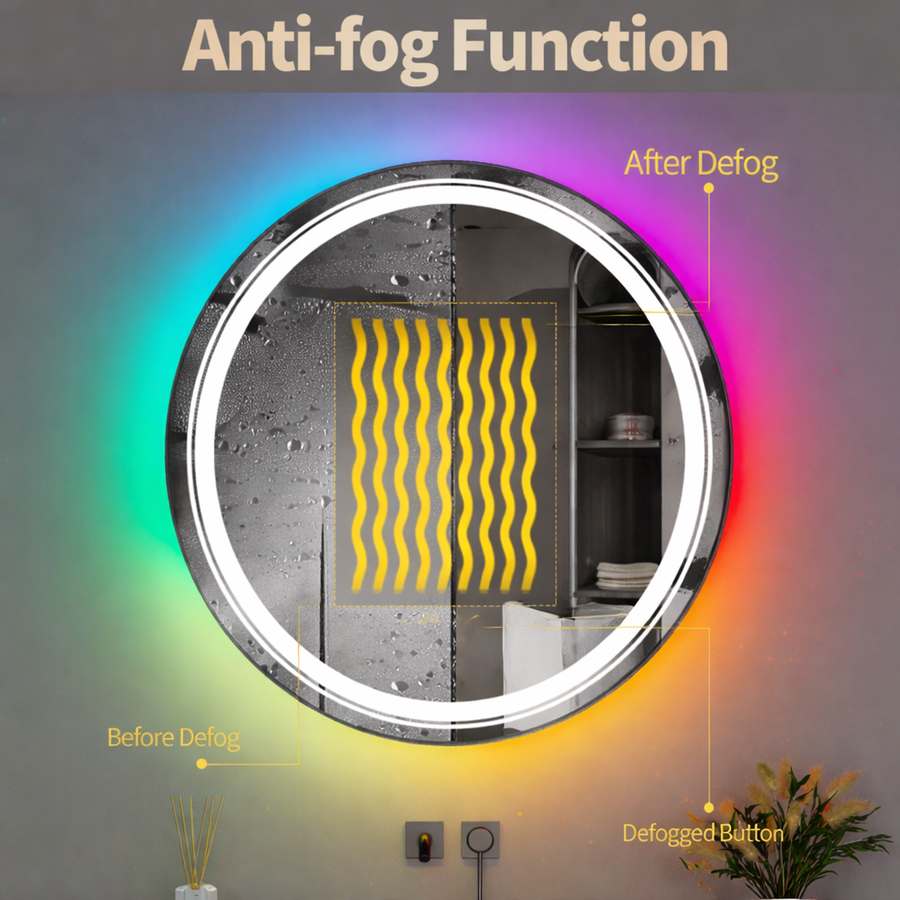 Round LED Mirror, 70cm, Celeste MotionGlow Marcello, RGB Light, Bluetooth Speaker, Demister System, Clock & Thermometer, Dimmable 70X70BTRGB