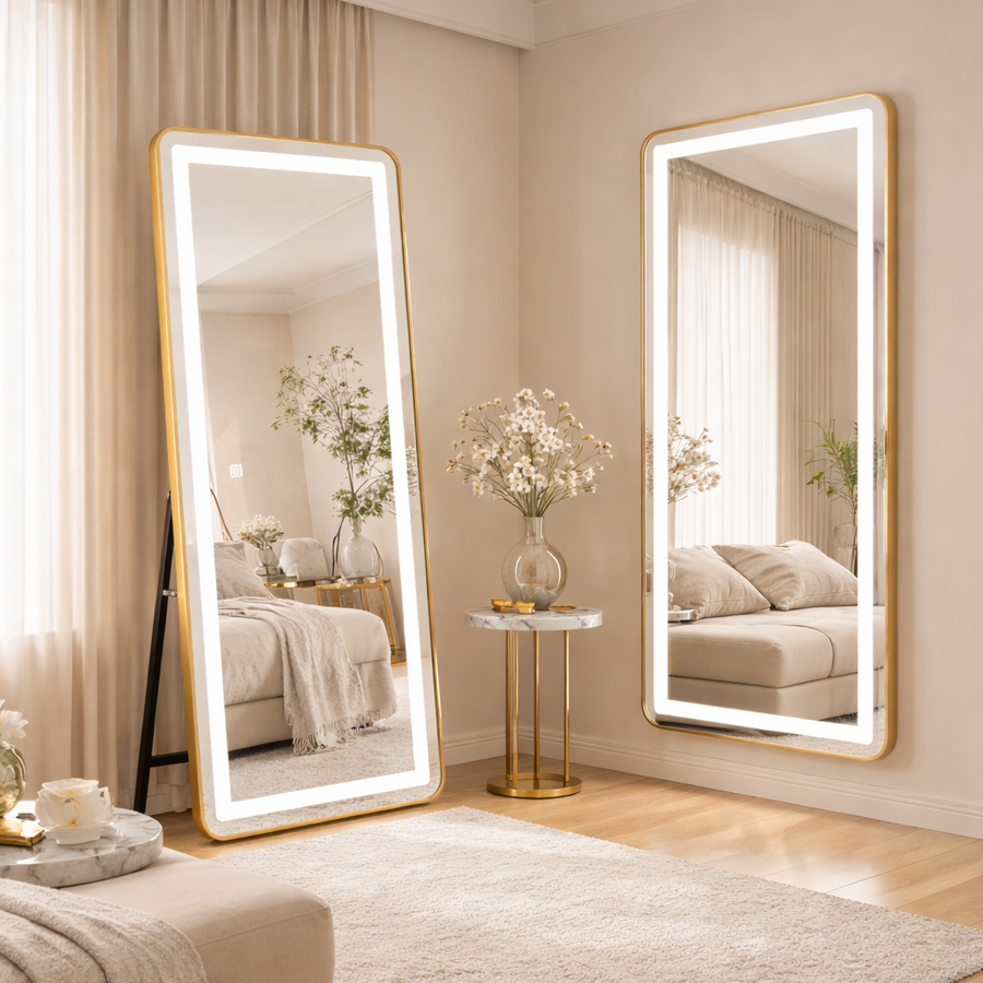 Rectangular LED Mirror, Golden Frame, 50x160cm, Dimmable, Cold/Warm/Neutral Light, Dressing Couture