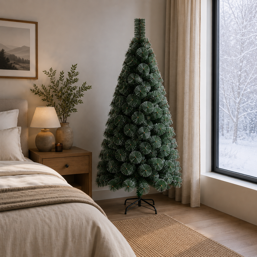 Decorațiune Brad Artificial MANIITSOQ, 180 cm, 220 vârfuri, Suport Metalic, Plastic, Ace Verzi cu Vârfuri Albe
