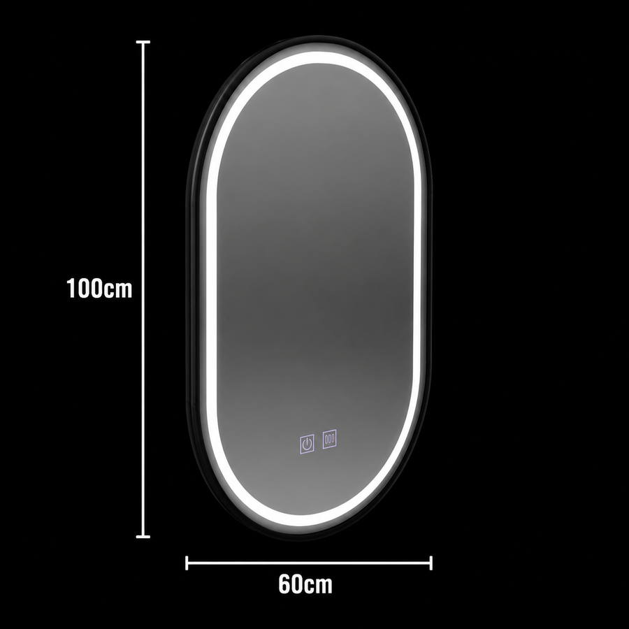 LED Oval Mirror 60x100cm VETRO Touch Dimmable Demister System, Black Frame