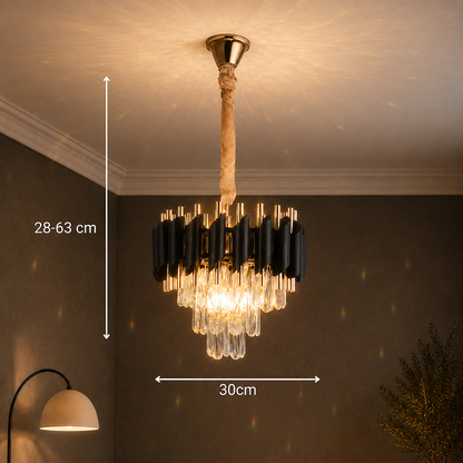 VERSAILLES Petito Crystal Chandelier 3xE14, Diameter 30cm, Shiny Gold and Black, Adjustable Height 