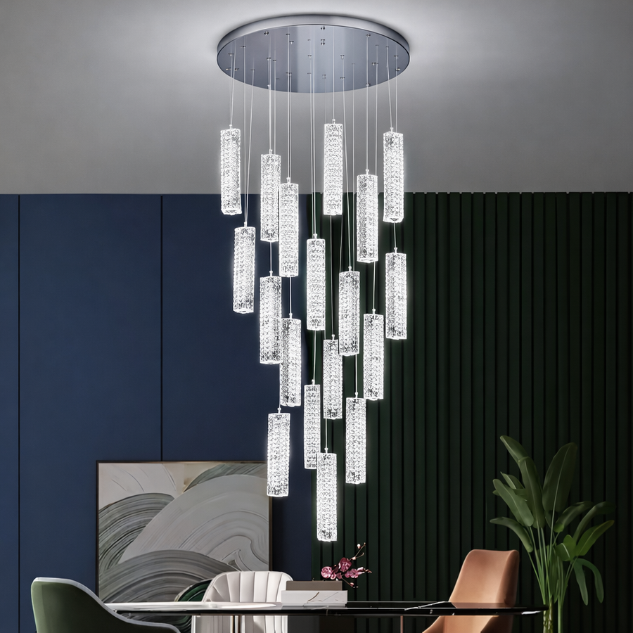 Candelabru Cristal LED AMIRI 82W Crom, Lumina Calda/Neutra/Rece 3000K/4000K/6000K Amiri, Diametru 40cm x Inaltime 300cm, Cristal si Metal Candelabre Cristal Default Title Alessandro Design