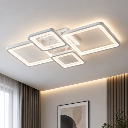 LED chandelier with remote control ELLA 67W, 4 Squares, Cold/Warm/Neutral light, Dimmable, White, Metal and Acrylic