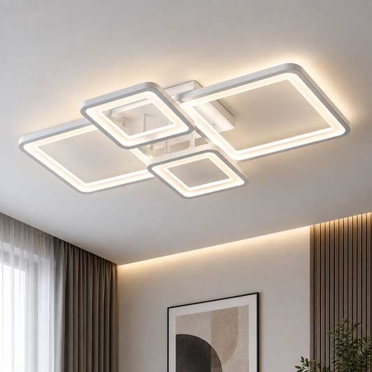 LED chandelier with remote control ELLA 67W, 4 Squares, Cold/Warm/Neutral light, Dimmable, White, Metal and Acrylic