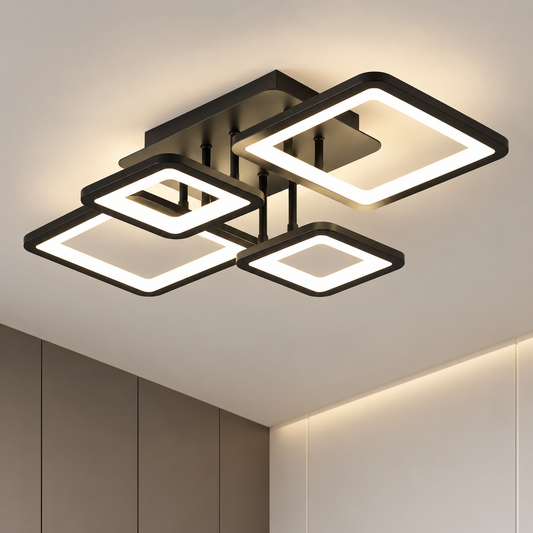 LED chandelier with remote control ELLA 67W, 4 Squares, Cold/Warm/Neutral light, Dimmable, Black, Metal and Acrylic