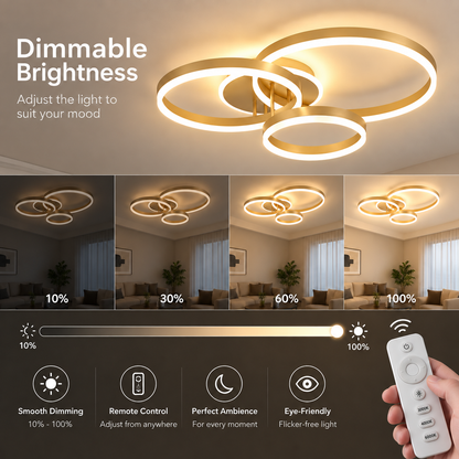LED chandelier with remote control RIGA LILITH 68W, 3 Circles, Cold/Warm/Neutral light, Dimmable, Shiny Gold