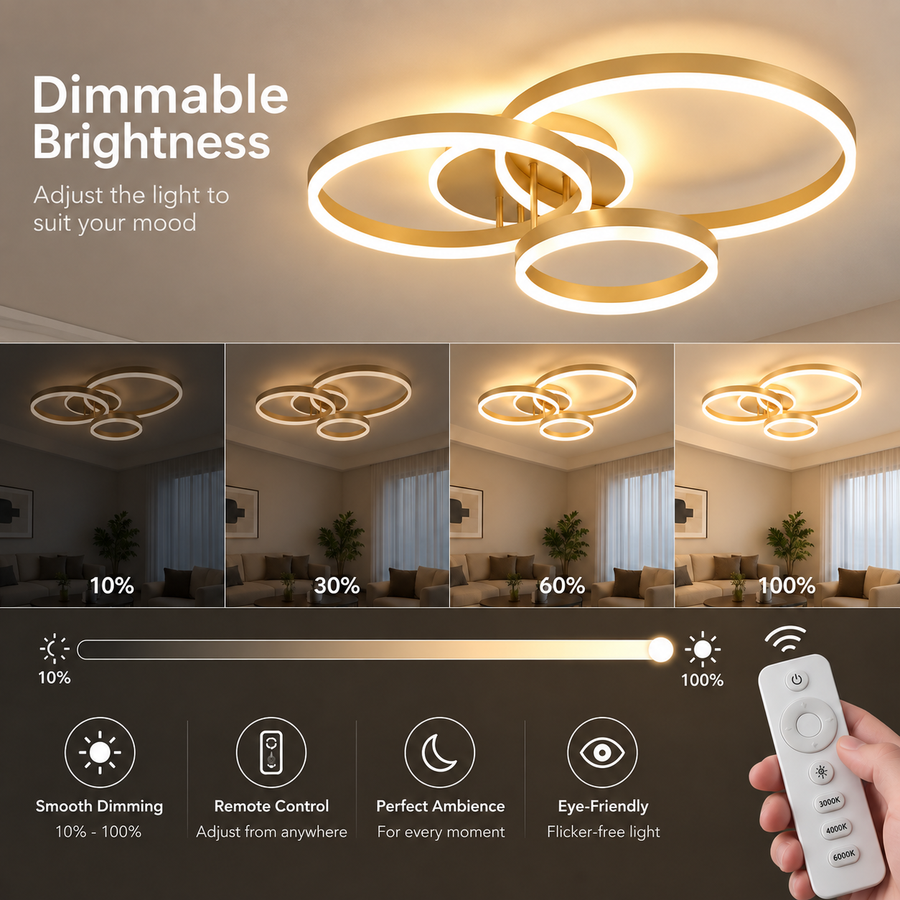 LED chandelier with remote control RIGA LILITH 68W, 3 Circles, Cold/Warm/Neutral light, Dimmable, Shiny Gold