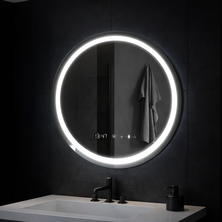 Round LED mirror, 70cm, Celeste MotionGlow Marcello, De-fogging System, Clock & Thermometer, Dimmable, Warm Neutral Cold Light 3000K/4000K/6000K