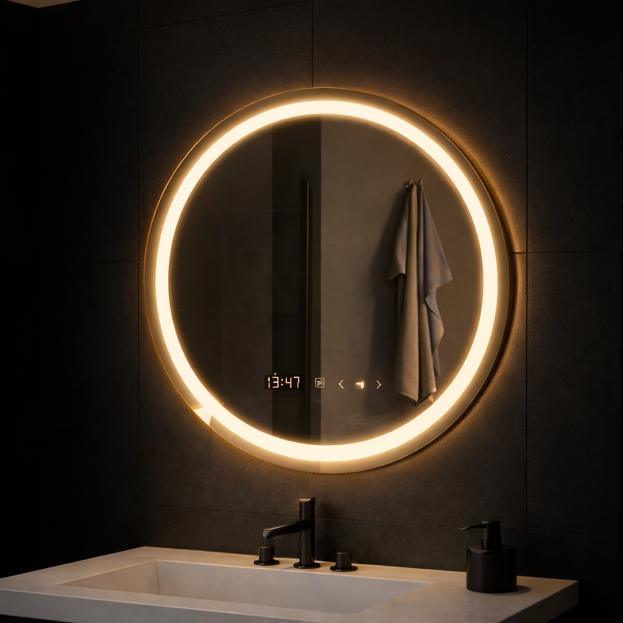 Round LED mirror, 70cm, Celeste MotionGlow Marcello, De-fogging System, Clock & Thermometer, Dimmable, Warm Neutral Cold Light 3000K/4000K/6000K