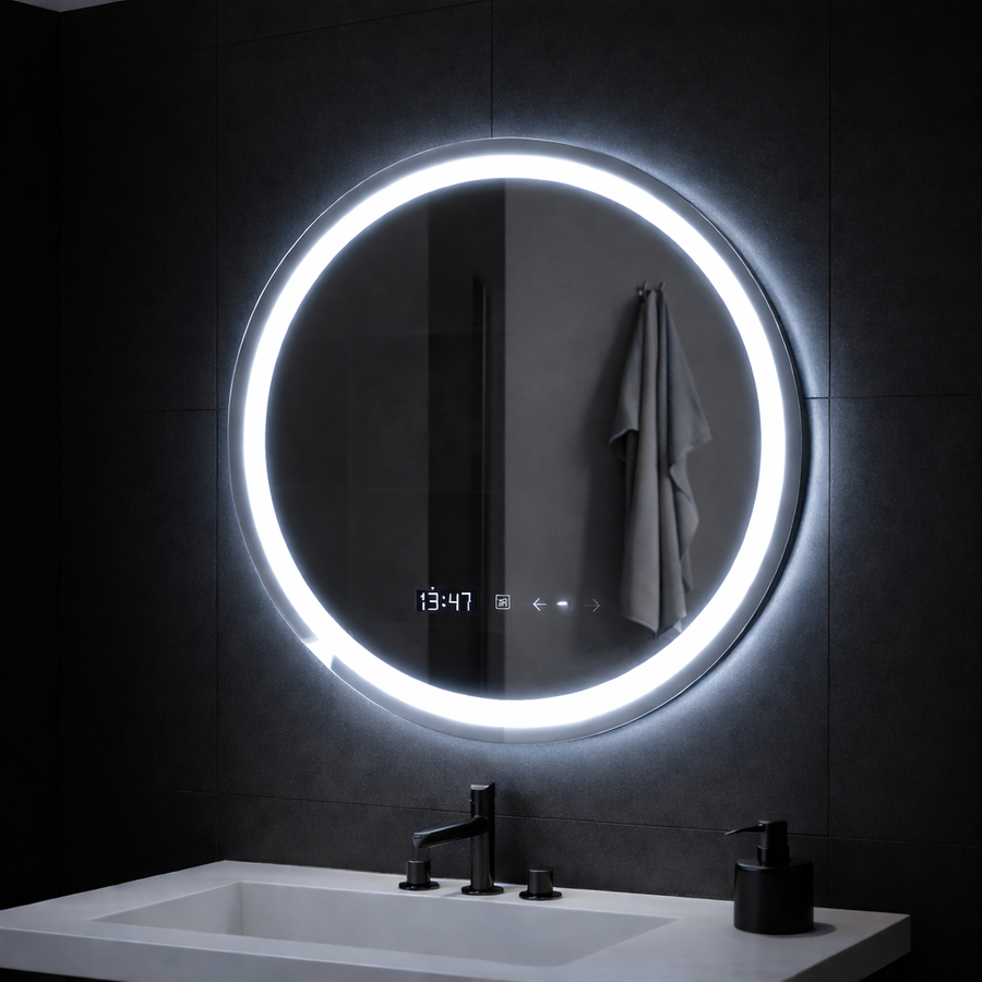 Round LED mirror, 70cm, Celeste MotionGlow Marcello, De-fogging System, Clock & Thermometer, Dimmable, Warm Neutral Cold Light 3000K/4000K/6000K
