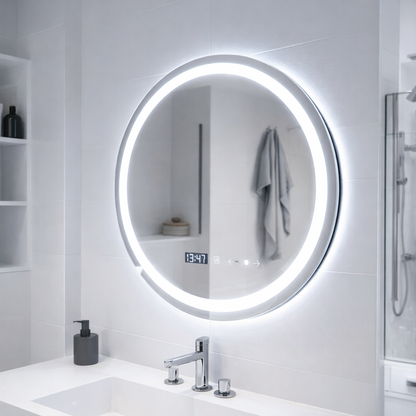 Round LED mirror, 70cm, Celeste MotionGlow Marcello, De-fogging System, Clock & Thermometer, Dimmable, Warm Neutral Cold Light 3000K/4000K/6000K