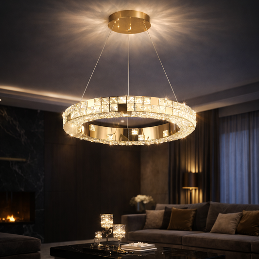 LED Chandelier LLC130/1CH, Crystal and Metal, 31W, 1 Circle, Dimmable, Adjustable Height, Cold/Warm/Neutral Light, Luxurious Lighting