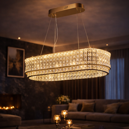 LED Chandelier with Remote Control, LLC160/750X350GD, Crystal and Metal, 71W, Dimmable, Adjustable Height, Cold/Warm/Neutral Light, Luxurious Lighting