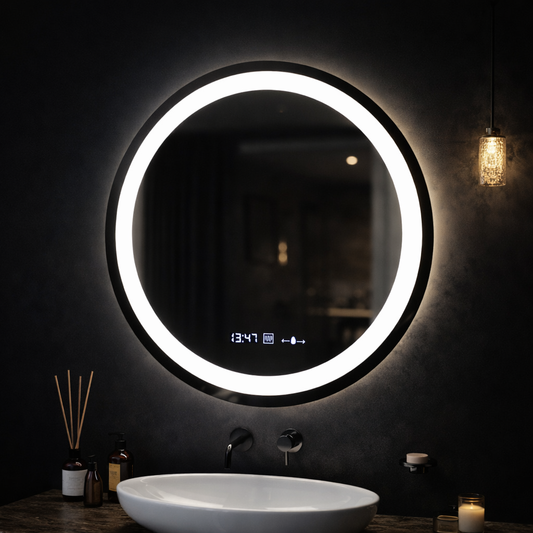 Round LED Mirror, 60cm, Celeste MotionGlow Marcello, De-fogging System, Clock & Thermometer, Dimmable, Warm Neutral Cold Light 3000K/4000K/6000K