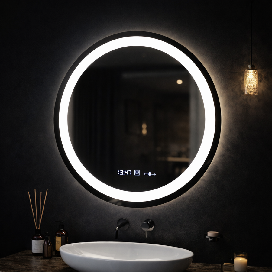 Round LED mirror, 70cm, Celeste MotionGlow Marcello, De-fogging System, Clock & Thermometer, Dimmable, Warm Neutral Cold Light 3000K/4000K/6000K
