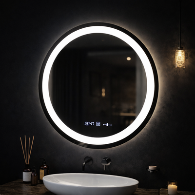 Round LED Mirror, 60cm, Celeste MotionGlow Marcello, De-fogging System, Clock & Thermometer, Dimmable, Warm Neutral Cold Light 3000K/4000K/6000K