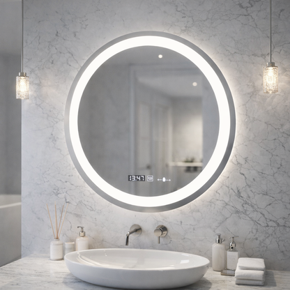 Round LED mirror, 70cm, Celeste MotionGlow Marcello, De-fogging System, Clock & Thermometer, Dimmable, Warm Neutral Cold Light 3000K/4000K/6000K