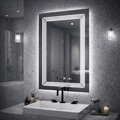 Rectangular LED Mirror, 60x80cm, Venezia Marcello MotionGlow Sensor, De-fogging System, Clock & Thermometer, Dimmable, Warm Neutral Cold Light 3000K/4000K/6000K