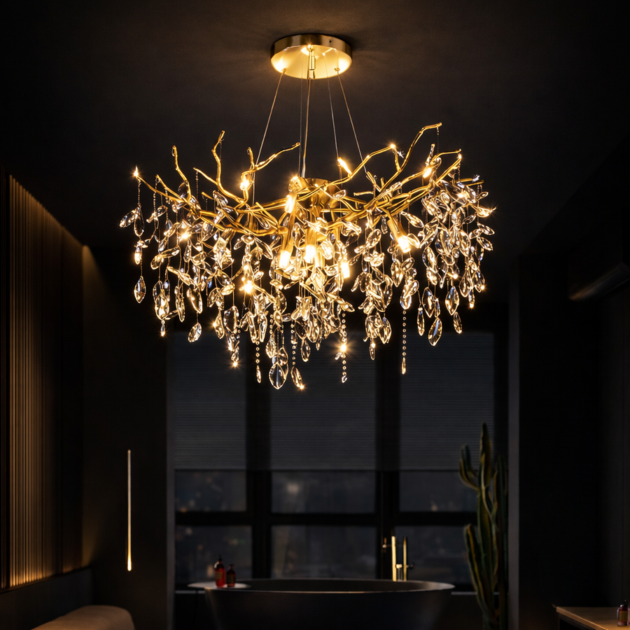 WALTZ Rhapsody Crystal Chandelier, 9x G9, Gold, 60cm, Adjustable Height, Metal and Crystal