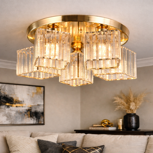 Sasha Modern Classic Chandelier, LC117/5GD, 5x E27, Metal and Crystal, Gold, Lampshade