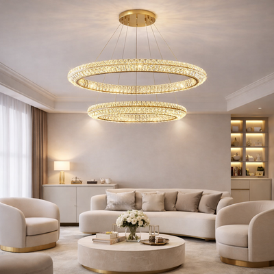 LED Chandelier with Remote Control, LLC132/300+500GD, Crystal and Metal, 48W, 2 Circle, Dimmable, Adjustable Height, Cold/Warm/Neutral Light 3000K/4000K/6000K, Luxurious Lighting,