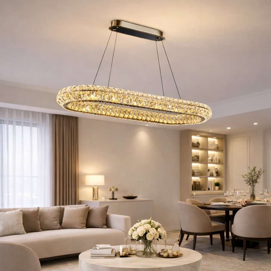 LED Chandelier with Remote Control, LLC132/900X300GD, Crystal and Metal, 80W, 1 Circle, Dimmable, Adjustable Height, Cold/Warm/Neutral Light, Luxurious Lighting