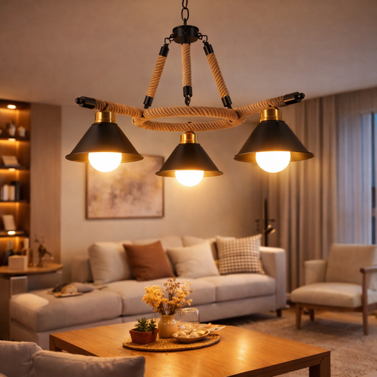 Vintage Hanging Chandelier, LV571/3BK, 3*E27, Brown, Metal and String