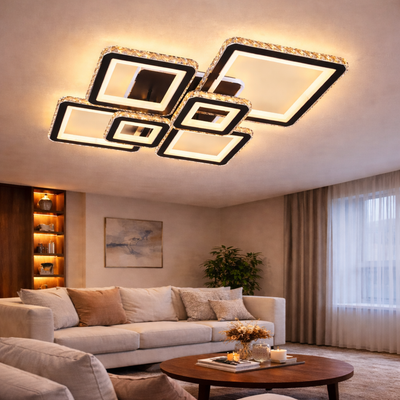 LED chandelier with remote control and crystal QUADRIS RGB 177W, 6 Squares, Cold/Warm/Neutral light 3000K/4000K/6000K, Dimmable, Black, Metal and Crystal