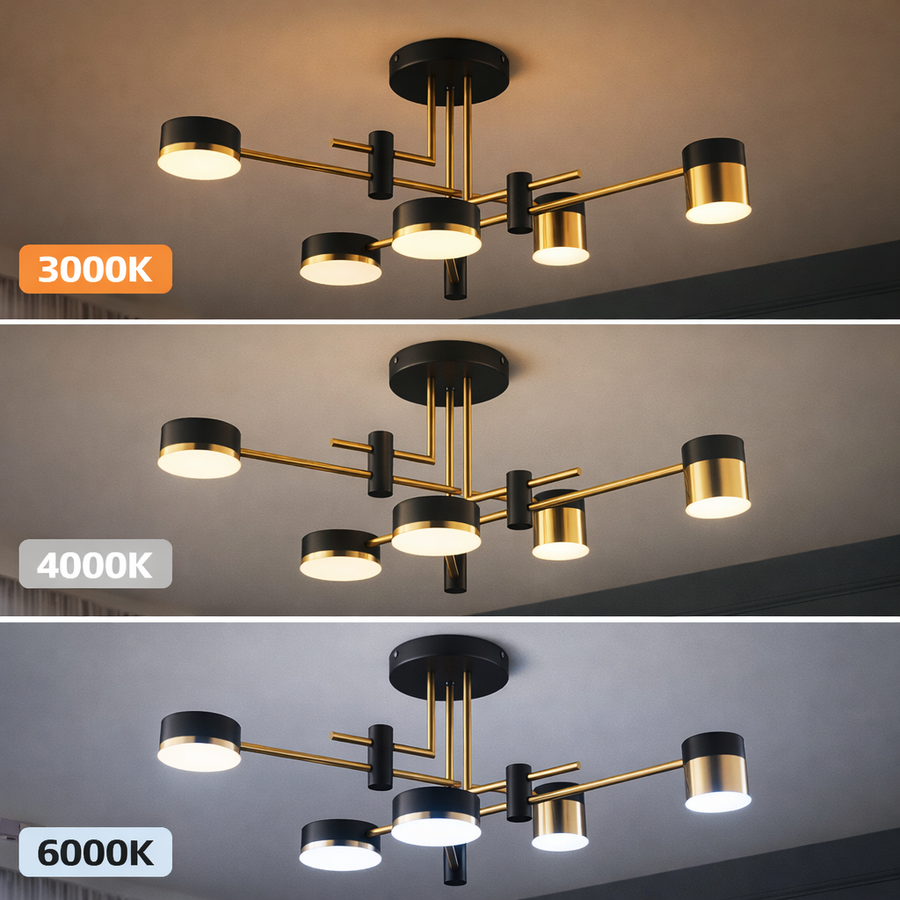 Modern LED Chandelier Ionitus 72W Black and Gold, Arms, Warm/Neutral/Cold Light 3000K/4000K/6000K, Metal and Acrylic