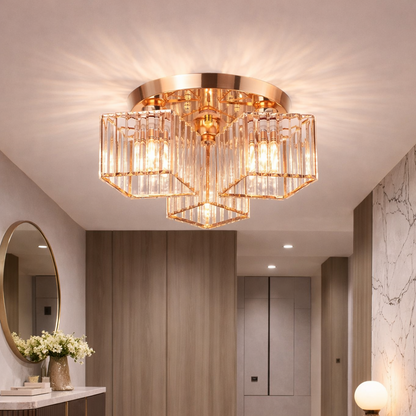 Sasha Modern Classic Chandelier, LC117/3GD, 3x E27, Metal and Crystal, Gold, Lampshade