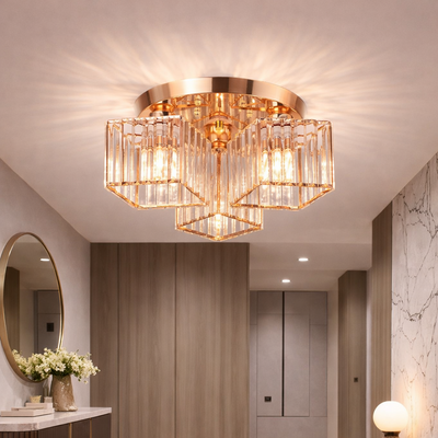 Sasha Modern Classic Chandelier, LC117/3GD, 3x E27, Metal and Crystal, Gold, Lampshade