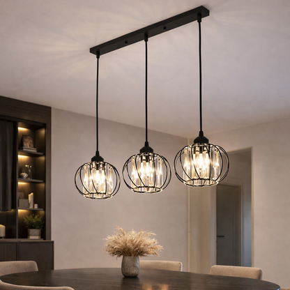 Modern Classic Chandelier, Suspended, Monica LC910/3LBK, 3 X E27, Black, Metal and Glass, Adjustable Height