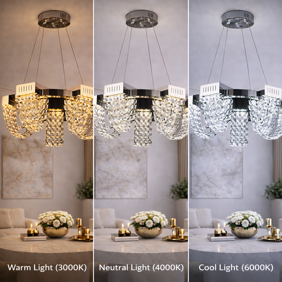 LED Crystal Chandelier 30W, CC370/500CH, Diameter 49cm, Shiny Chrome, Warm Neutral Cold Light 3000K/4000K/6000K Adjustable Height, Metal and Crystal