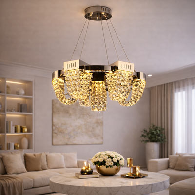 LED Crystal Chandelier 40W, CC370/800CH, Diameter 80cm, Shiny Chrome, Adjustable Height, Warm Neutral Cold Light 3000K/4000K/6000K, Metal and Crystal