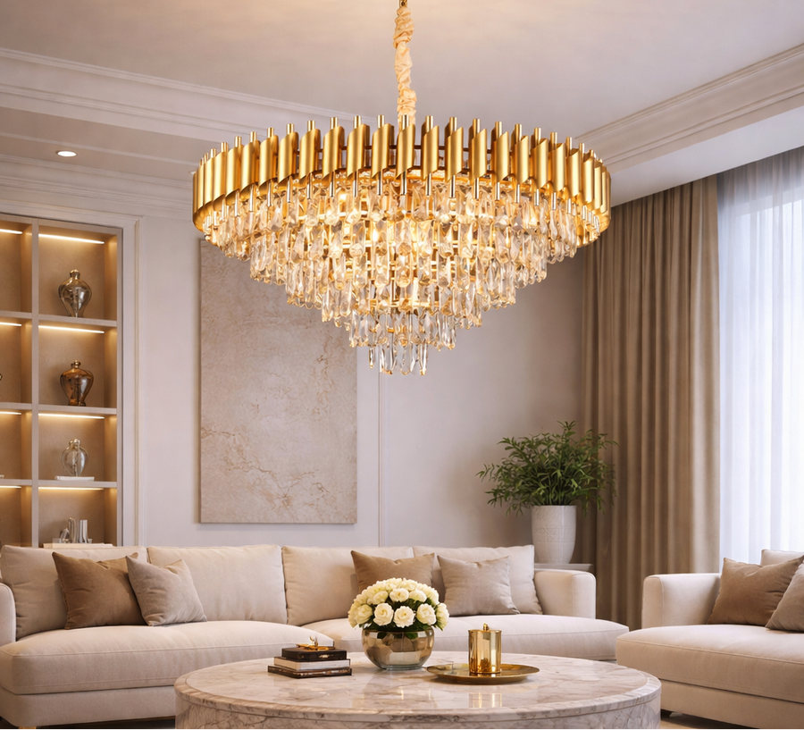 VERSAILLES Supremo Crystal Chandelier, CC900/800GD, 12xE14, Diameter 80cm, Shiny Gold, Adjustable Height, Metal and Crystal