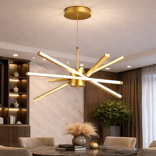 LED Chandelier with Remote Control LT176/5GD, 69W, 5 Elements, Cold/Warm/Neutral Light 3000K/4000K/6000K, Dimmable, Gold, Adjustable Height, Metal and Acrylic