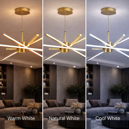 LED Chandelier with Remote Control LT176/5GD, 69W, 5 Elements, Cold/Warm/Neutral Light 3000K/4000K/6000K, Dimmable, Gold, Adjustable Height, Metal and Acrylic