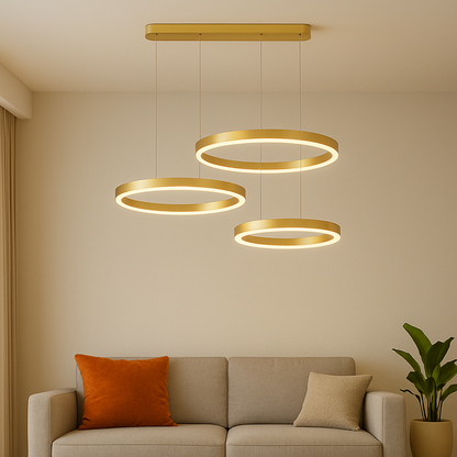 Suspended LED chandelier with remote control PERU 150W, 3 Circles, Cold/Warm/Neutral light, Dimmable, Shiny Gold, Adjustable Height